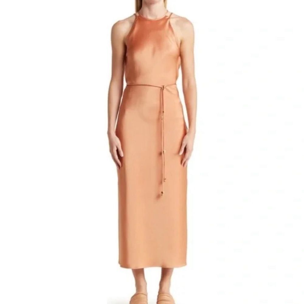 Nanushka Narita Satin Double Strap Dress In Apricot Medium NEW MSRP $665
